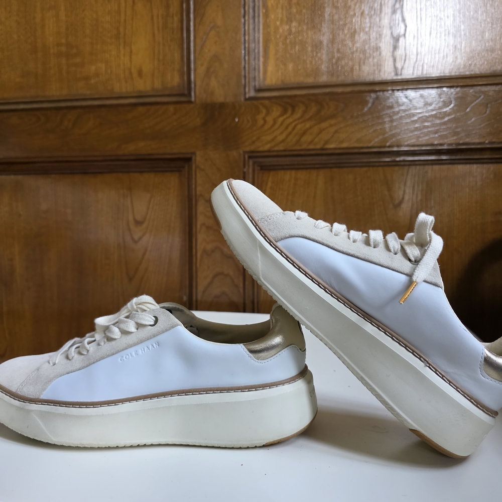 Cole Haan White Leather and Beige Suede Platform Sneakers with Gold Accent